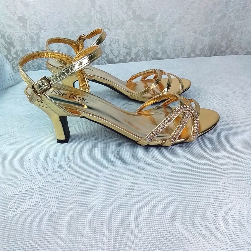 Silver Slipper brand gold strappy heels with rhinestones size 7